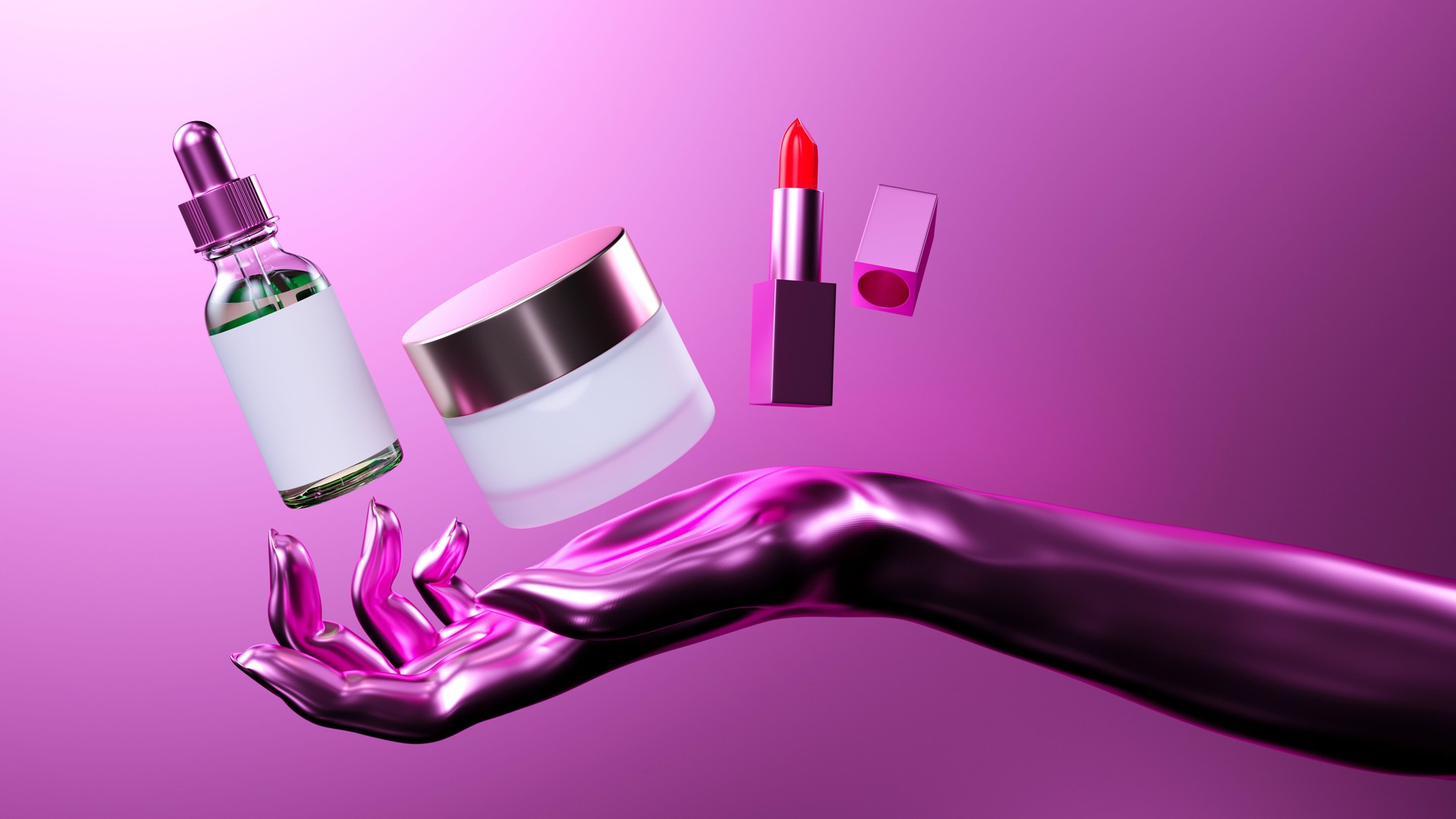 Floating beauty products, metallic purple hand, serum bottle, cream jar, red lipstick on a vibrant pink background. 3D render with glossy finishes, luxury skincare, high-contrast lighting, and a futuristic, surreal composition.